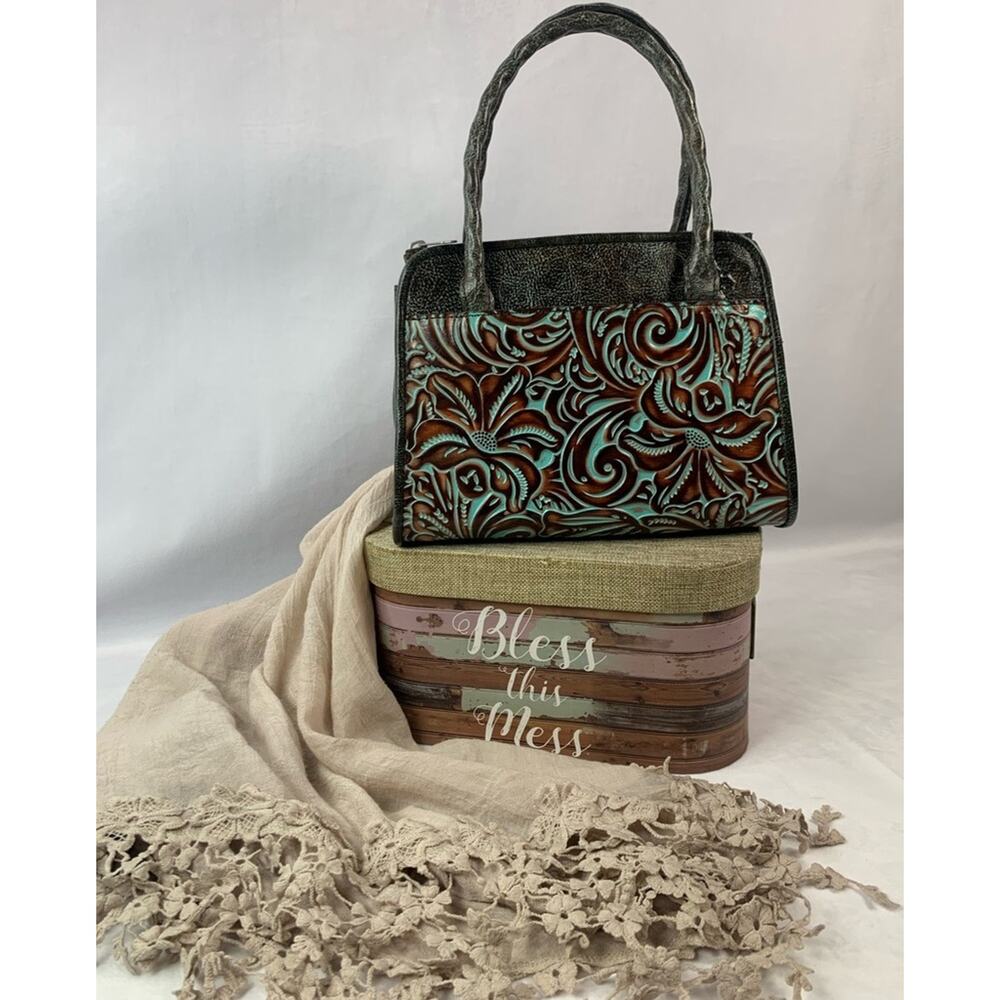Patricia Nash Embossed Antique Turquoise Rich‎ Brown Leather Suede Lined Handbag